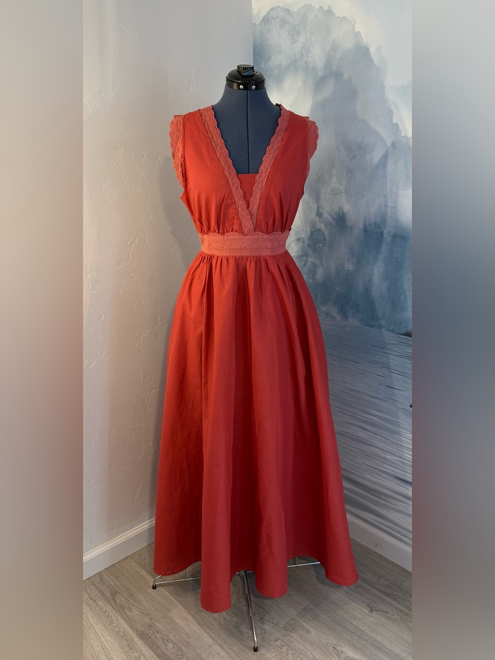 Lace-Trim V-Neck Maxi Dress in Coral Red #295